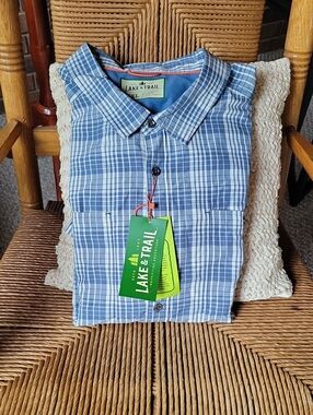 Lake & Trail Lt Wvn Plaid shirt, short sleeve, blue/white, sz XXXL